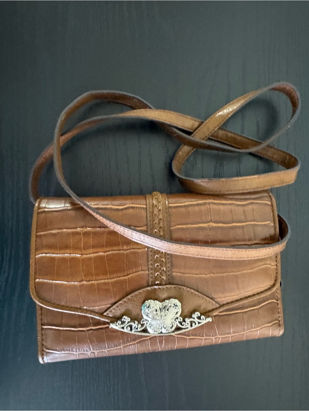 Bueno Tan Croc Embossed Crossbody Wallet Purse Butterfly Hardware